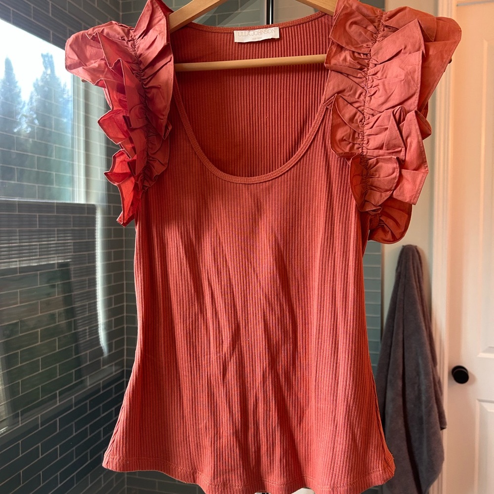 Ulla Johnson Koa Rust Ruffle-Sleeve Ribbed Top - Picture 3 of 5